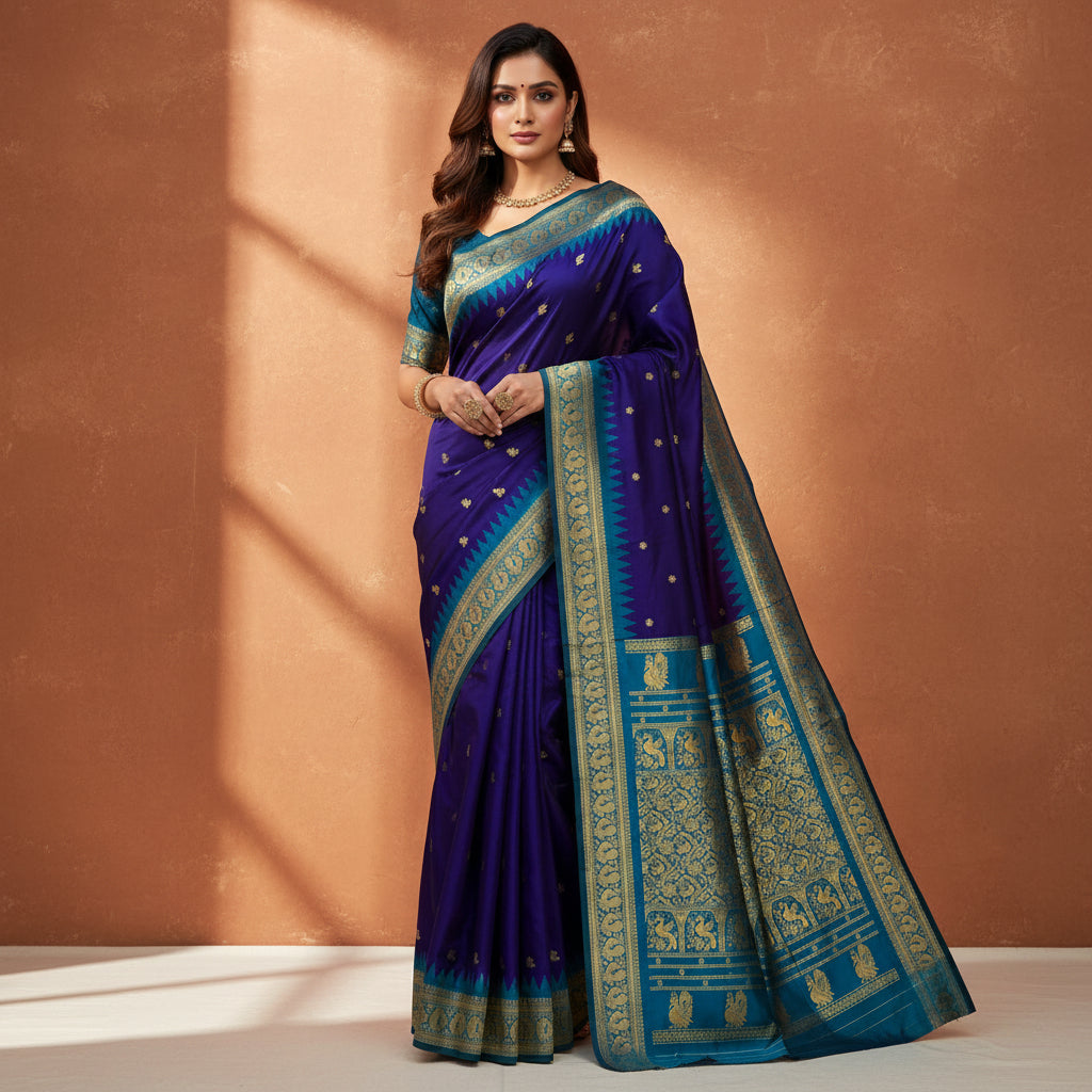 Blue and gold traditional fabric with intricate patterns