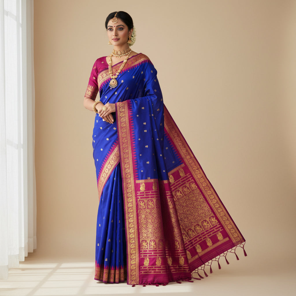 Blue and purple saree with gold patterns