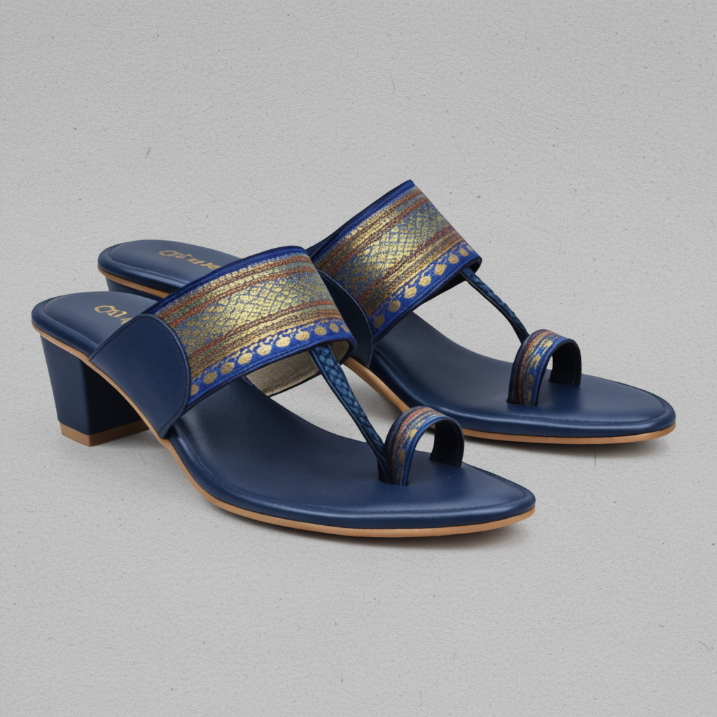 Pair of blue sandals with decorative straps on a white background