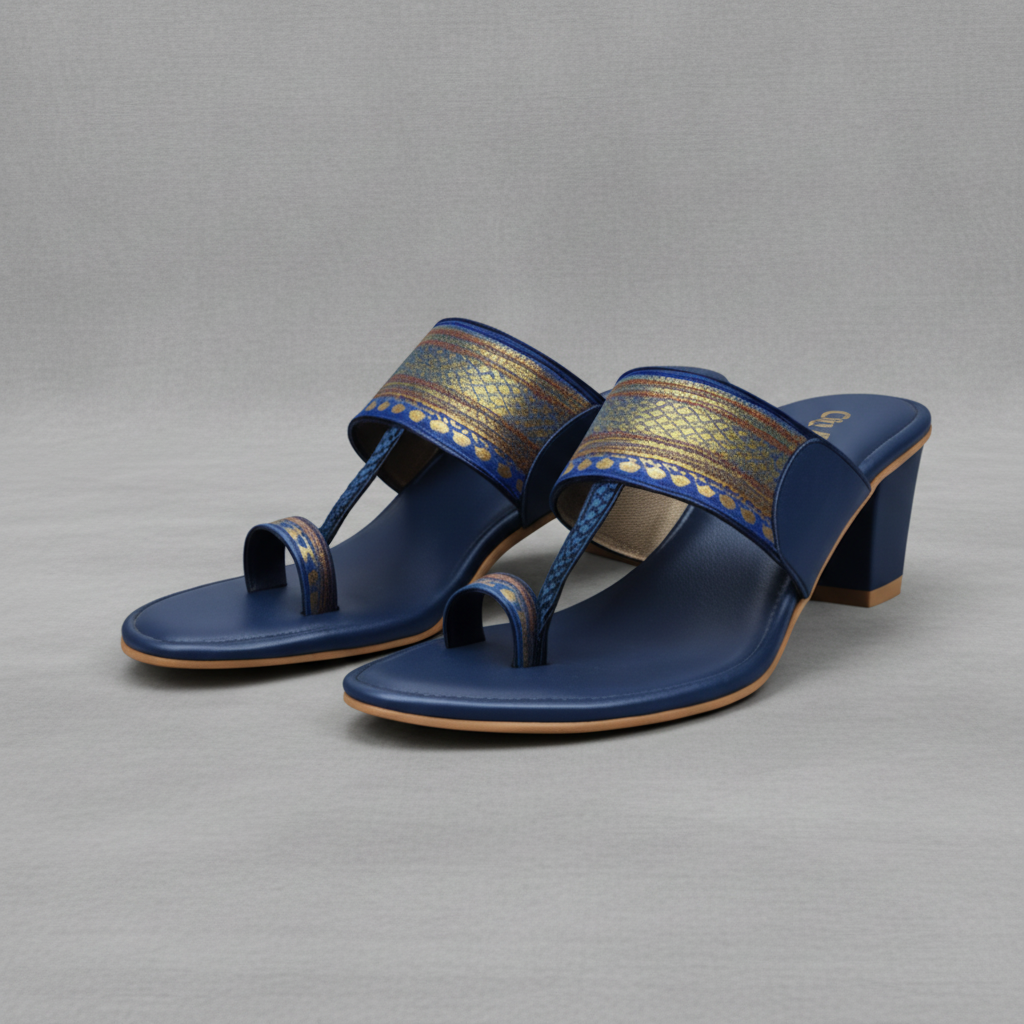 Pair of blue sandals with decorative straps on a white background