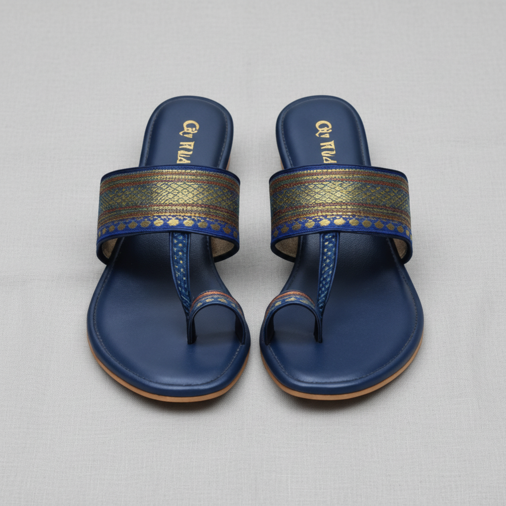 Pair of blue sandals with decorative straps on a white background
