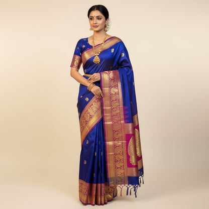 Blue saree with gold patterns on a wooden surface