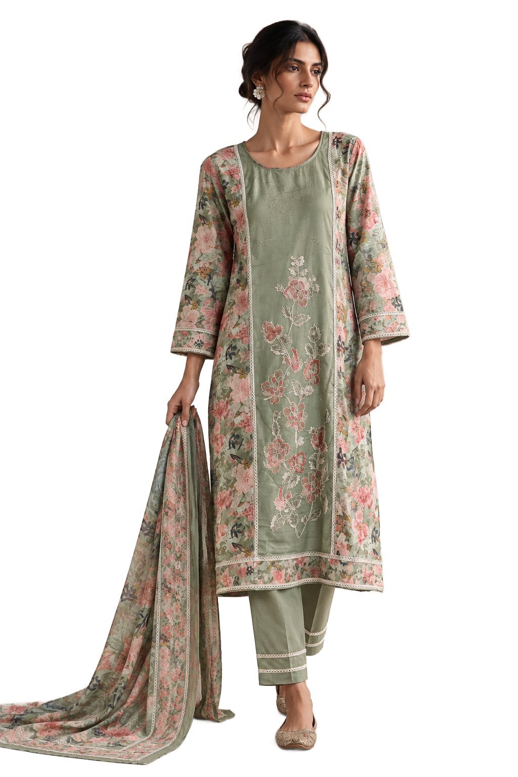 Straight-Fit Embroidered Kurta Set with Dupatta & Pants