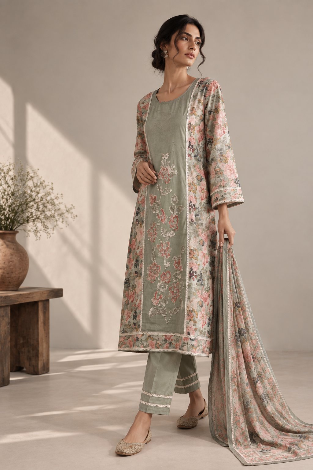 Straight-Fit Embroidered Kurta Set with Dupatta & Pants