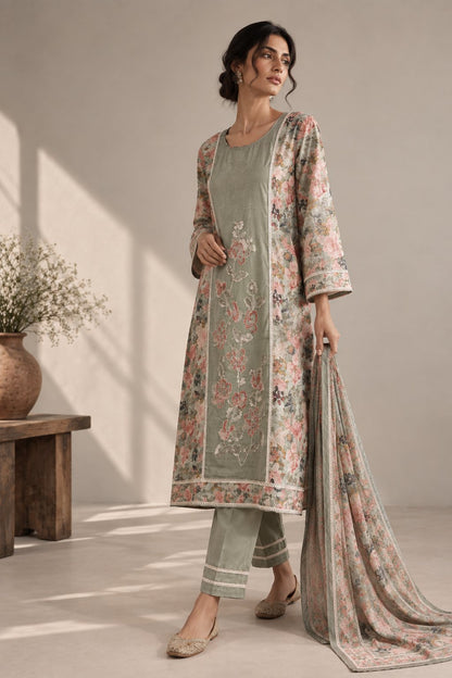 Straight-Fit Embroidered Kurta Set with Dupatta & Pants