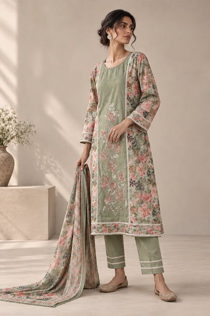 Straight-Fit Embroidered Kurta Set with Dupatta & Pants