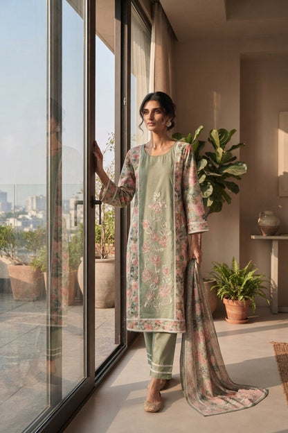 Straight-Fit Embroidered Kurta Set with Dupatta & Pants
