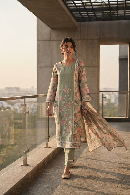 Straight-Fit Embroidered Kurta Set with Dupatta & Pants