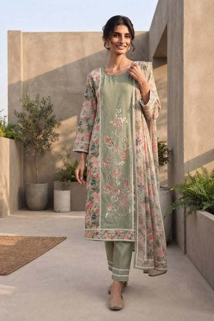 Straight-Fit Embroidered Kurta Set with Dupatta & Pants
