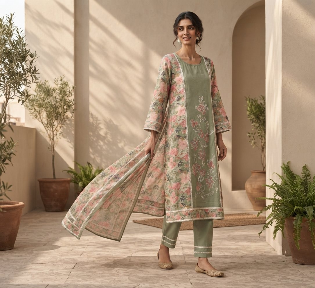 Straight-Fit Embroidered Kurta Set with Dupatta & Pants