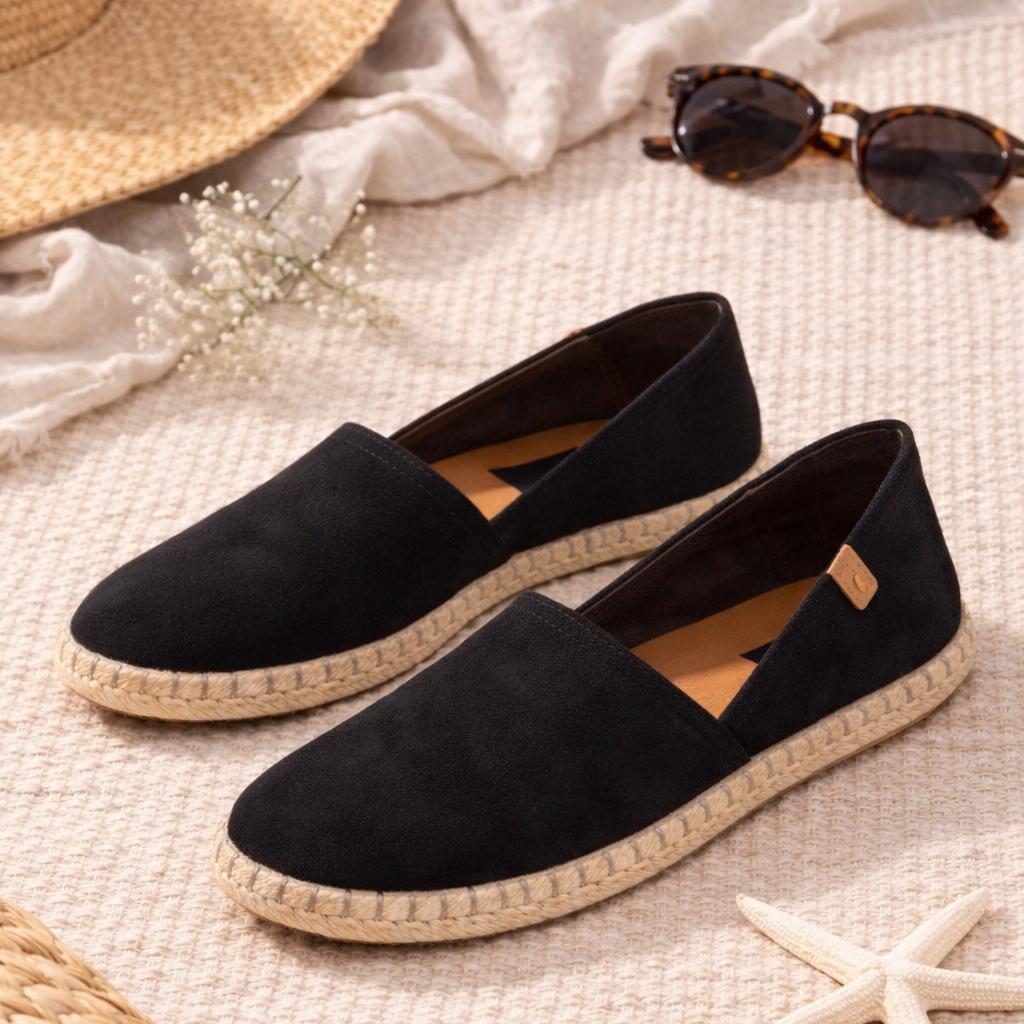 Black espadrille shoes on a textured surface with a hat, sunglasses, and starfish.