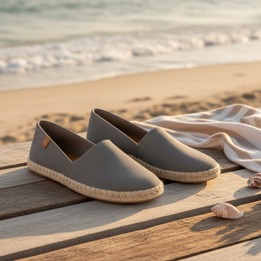 Pair of gray espadrilles on a white background