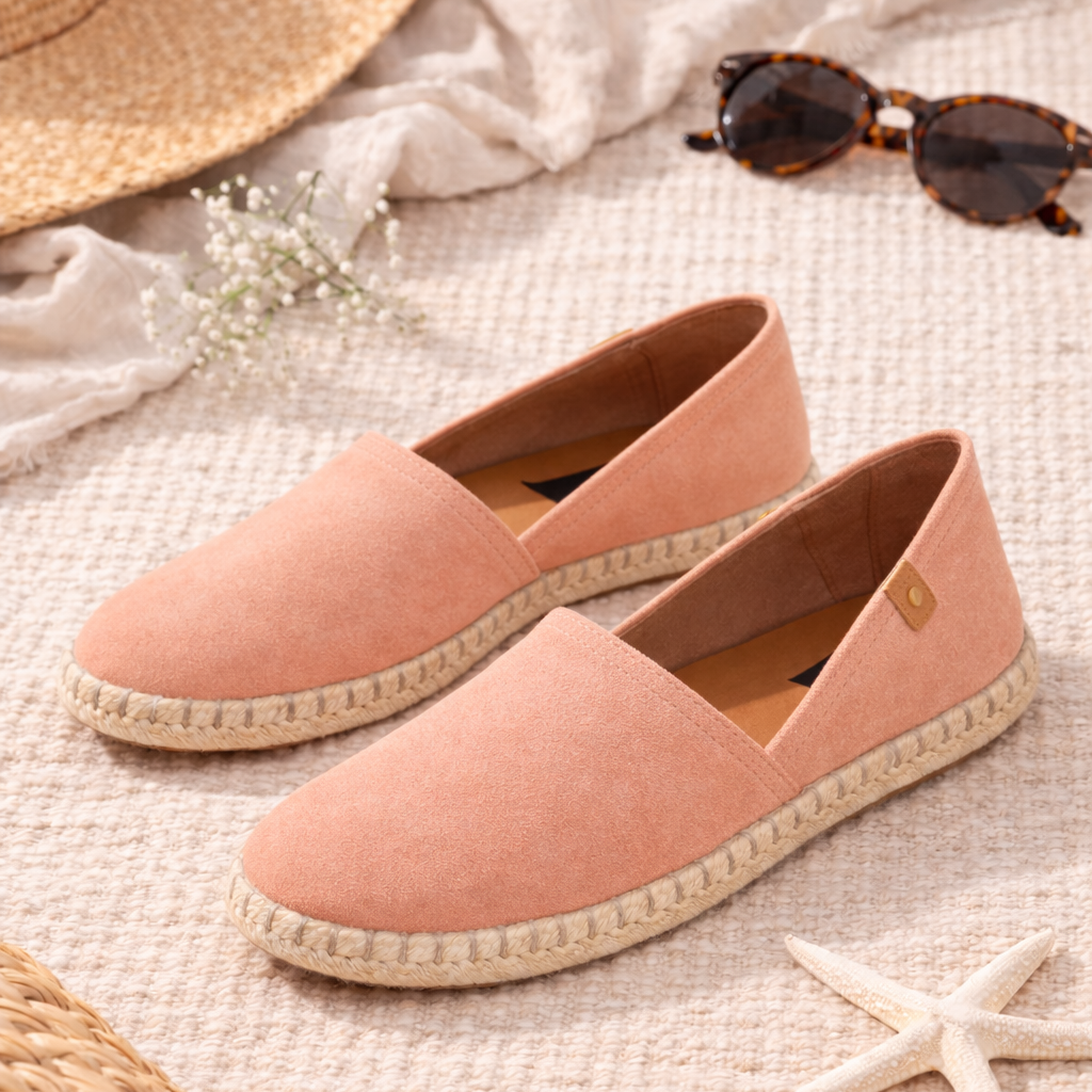 Pair of pink espadrilles on a textured surface with a hat, sunglasses, and starfish.