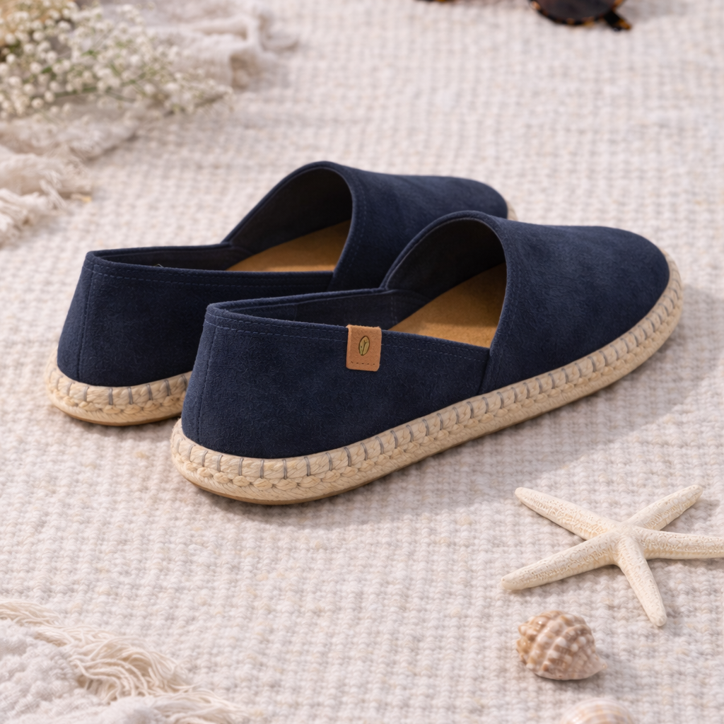 Navy espadrilles with jute sole on a textured surface with starfish and sunglasses.