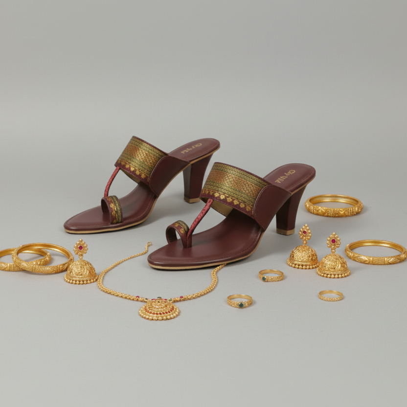 Pair of high-heeled sandals with gold accents and matching jewelry on a textured surface.