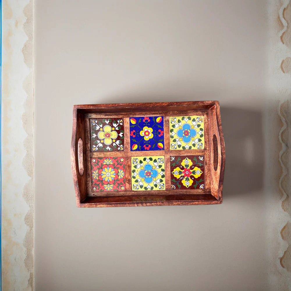 Blue Pottery 6 Tile Wooden Tray