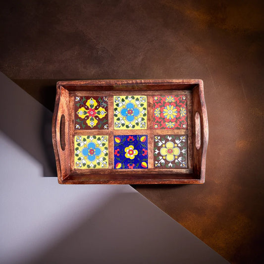 Blue Pottery 6 Tile Wooden Tray