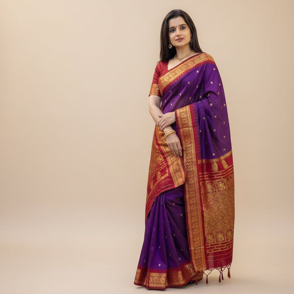 Woman wearing a traditional purple and red saree outdoors.