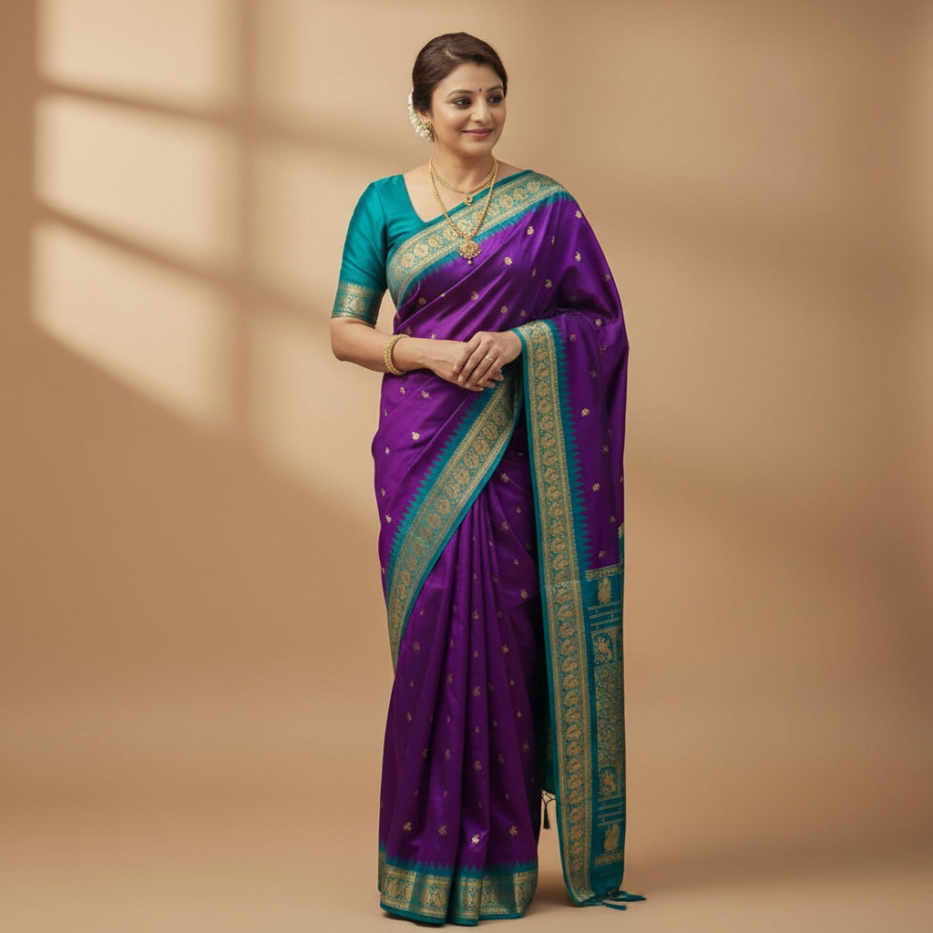 Woman wearing a purple and green saree with a gold border against a wooden panel background