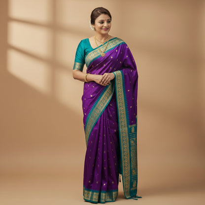 Woman wearing a purple and green saree with a gold border against a wooden panel background