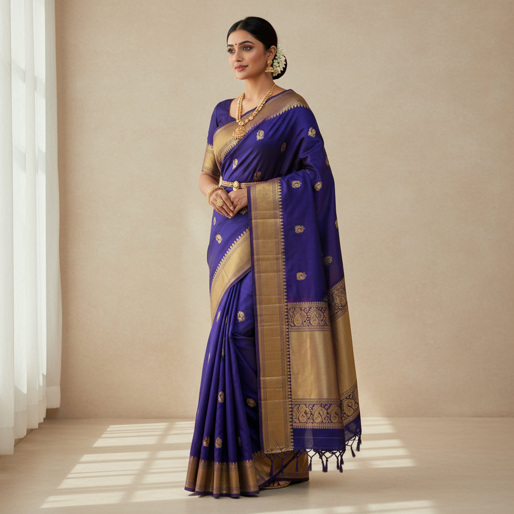 Purple saree with gold patterns on a wooden stool