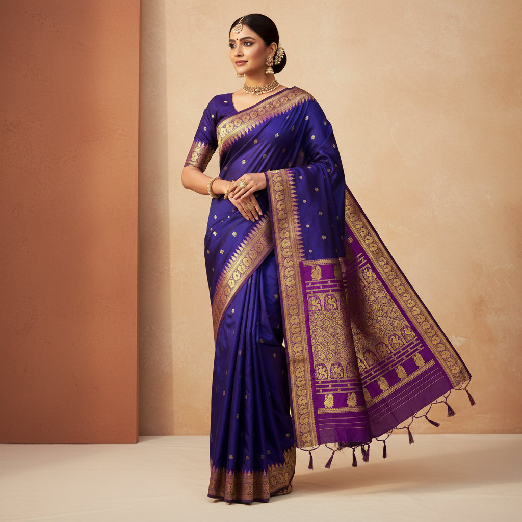 Purple saree with gold patterns on a plain background