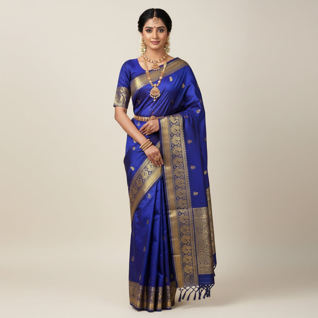 Blue saree with gold patterns on a white surface