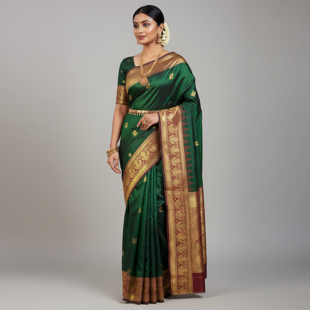 Green saree with gold and red patterns on a wooden stand.