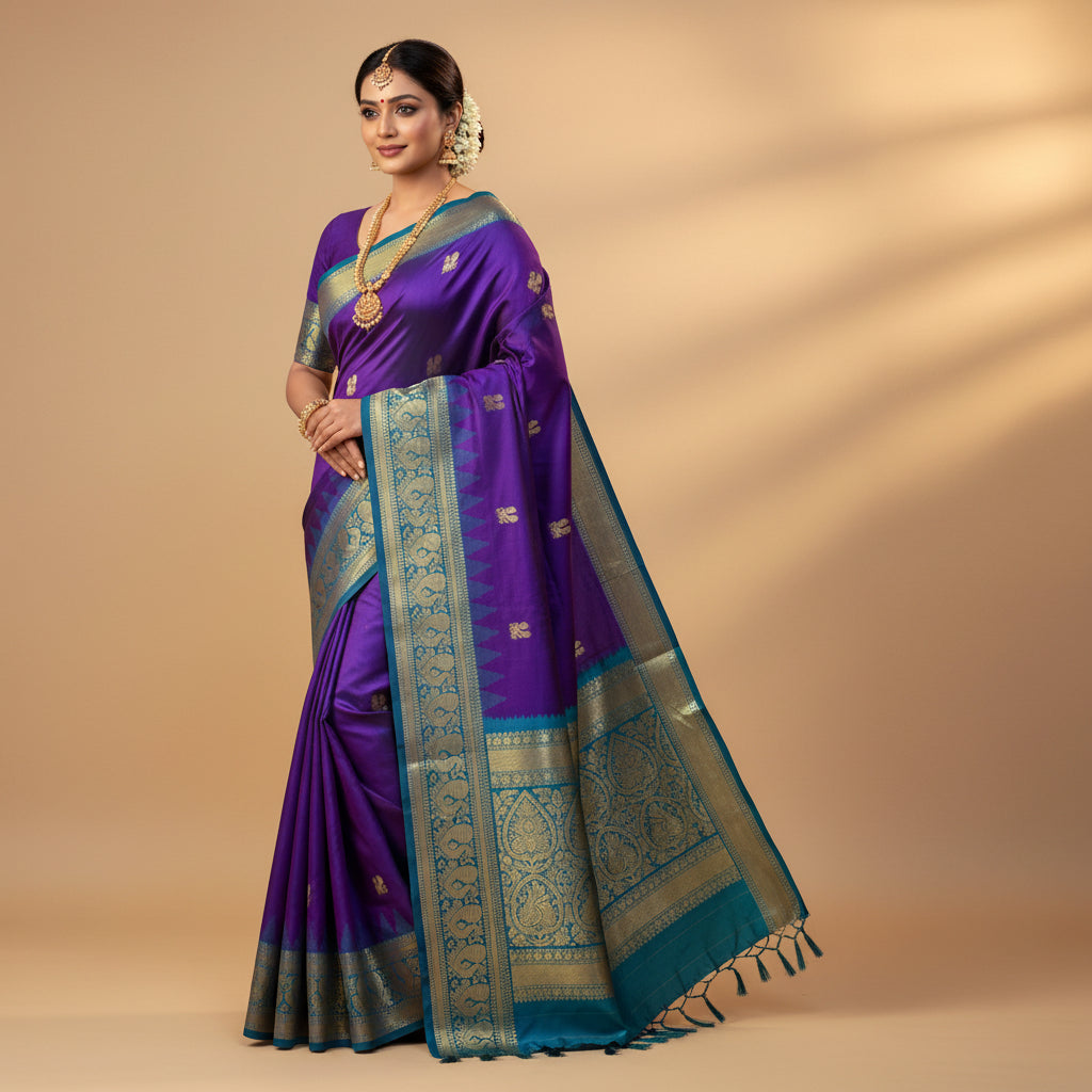Woman wearing a purple saree with gold and blue patterns on a beige background