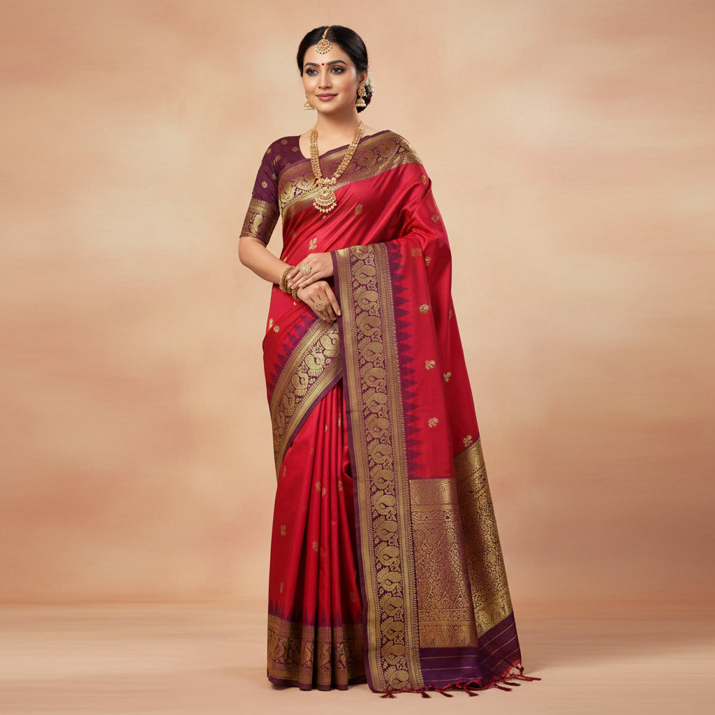 Red saree with gold patterns on a wooden stand