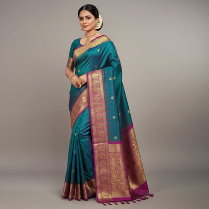 Blue saree with gold and purple border on a wooden stand
