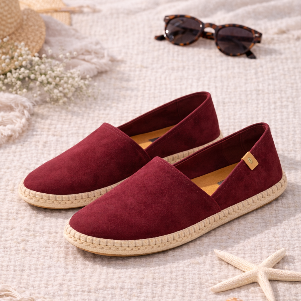 Maroon espadrilles on a textured surface with sunglasses and starfish.