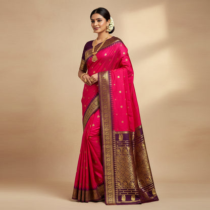 Traditional saree with pink and purple patterns on a white background