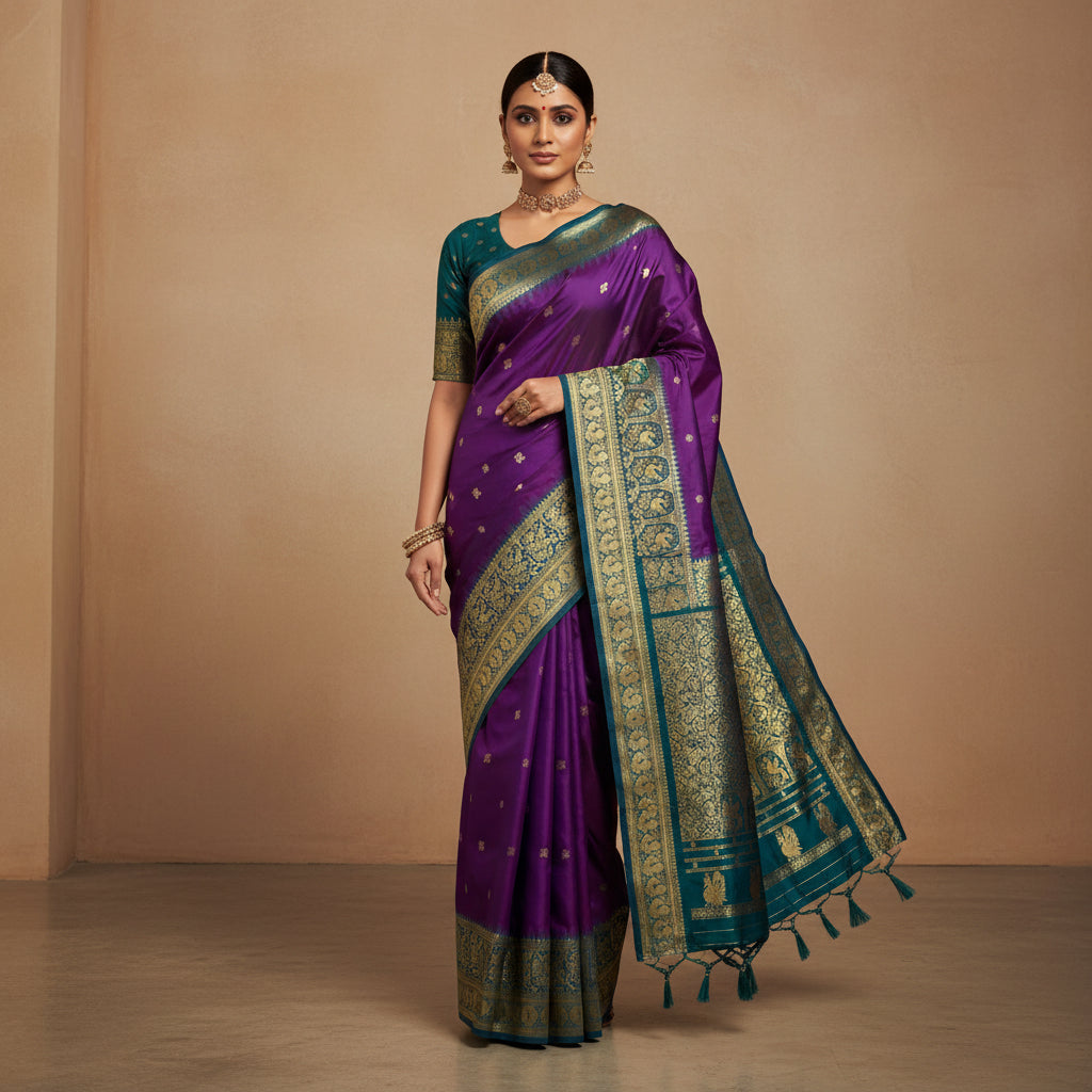 Purple and blue saree with intricate patterns on a white background