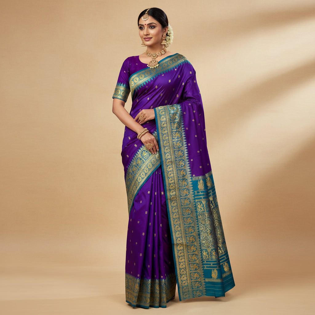Purple and blue saree with gold patterns on a white background