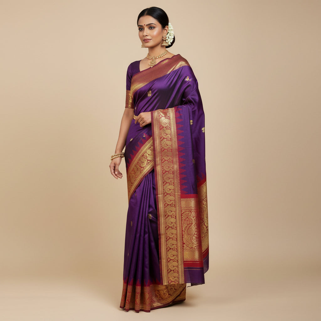 Purple saree with gold and red patterns on a wooden stand