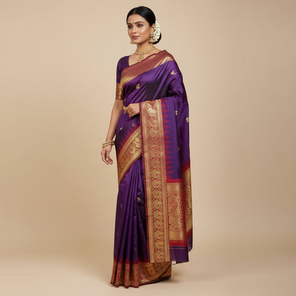 Purple saree with gold and red patterns on a wooden stand