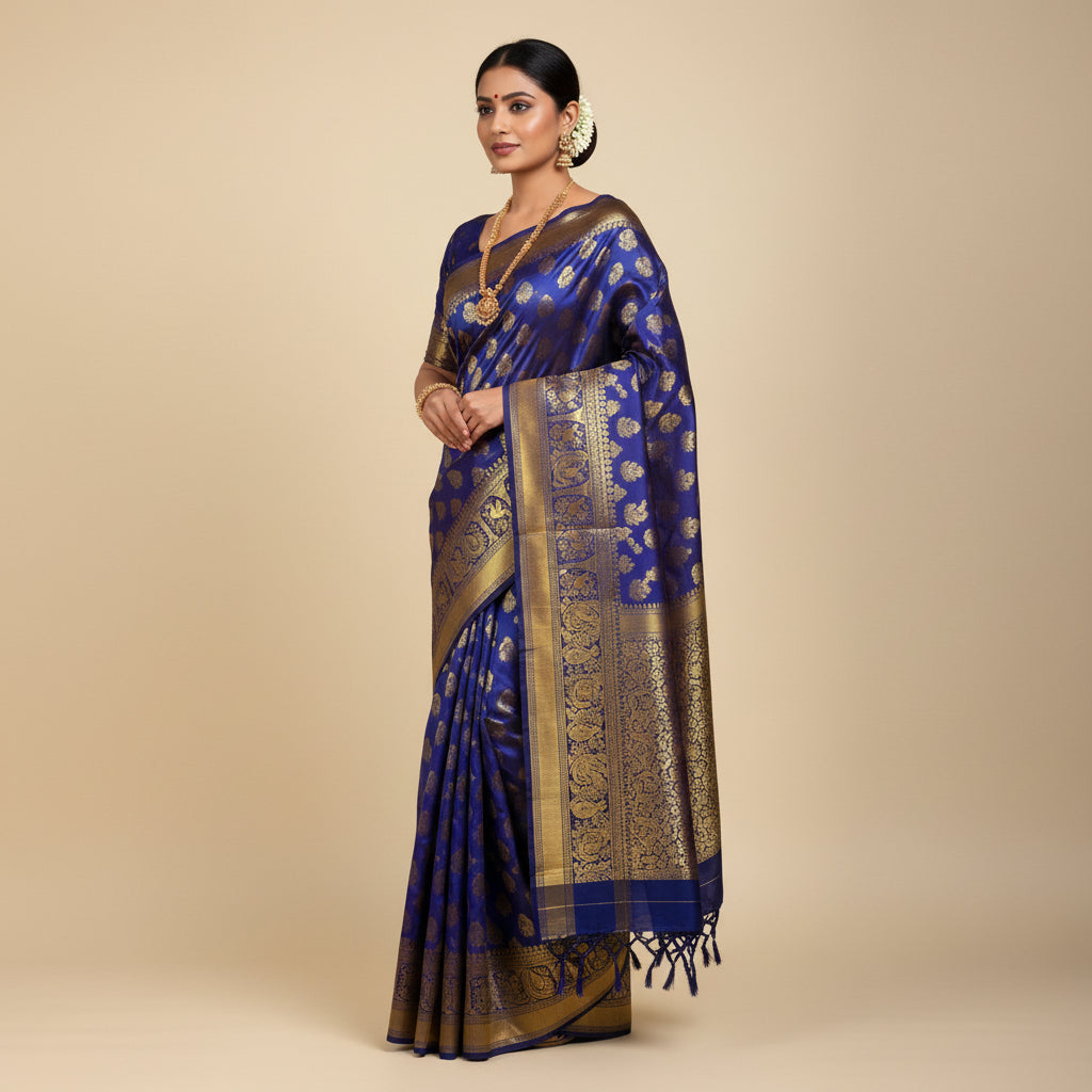 Purple fabric with gold patterns and a decorative item on a white background