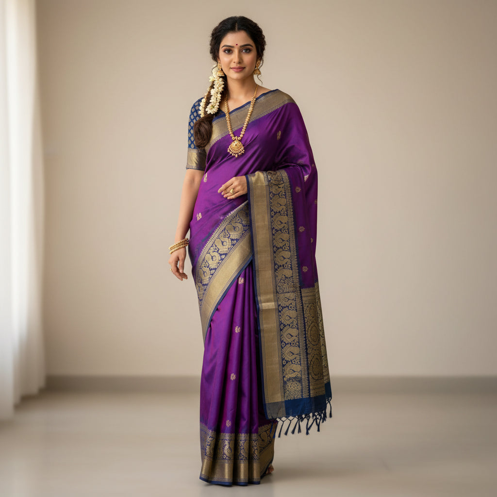 Purple saree with gold and blue border on a wooden table