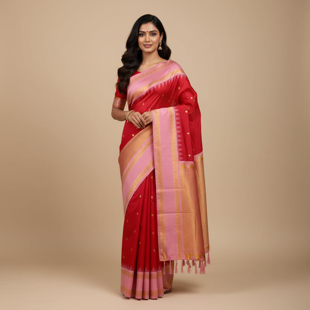 Pink and orange saree with gold border on a white background