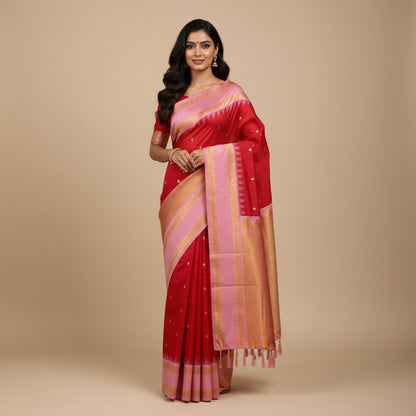 Pink and orange saree with gold border on a white background