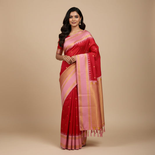 Pink and orange saree with gold border on a white background