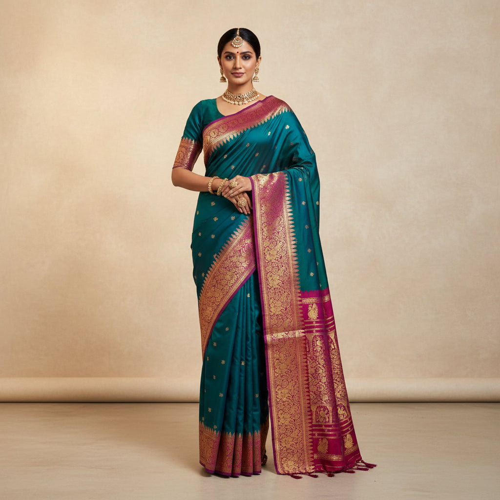 Traditional saree with green and purple colors and gold patterns