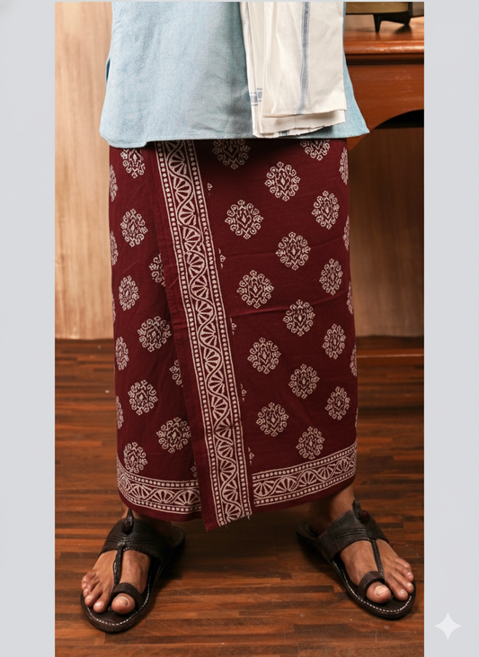 Eco-Friendly Khaadi | Block Printed Lungi for Men | 100% Handwoven Cotton | Traditional Hand Block Print | Breathable, Soft & Sustainable Wear | Ethnic Comfort Wrap - Maroon