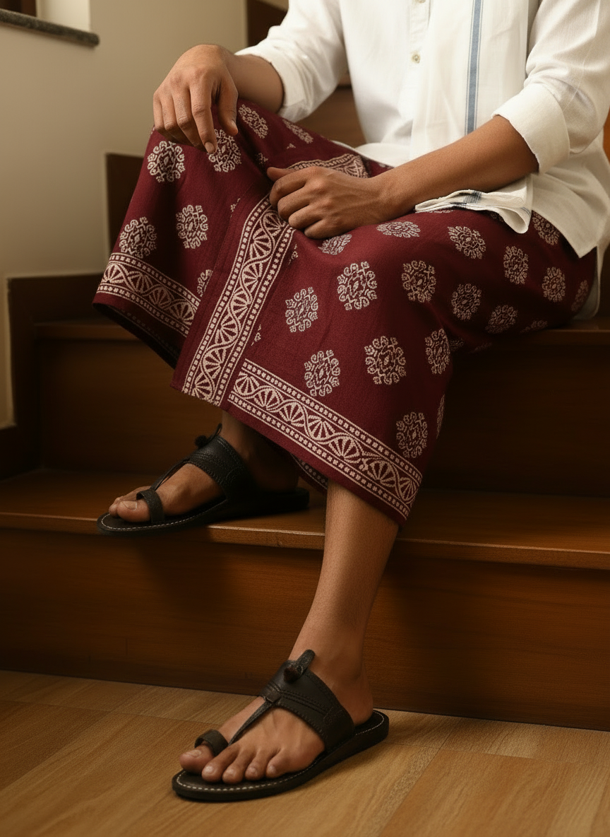 Person sitting on steps wearing a white shirt and maroon pants with white patterns.