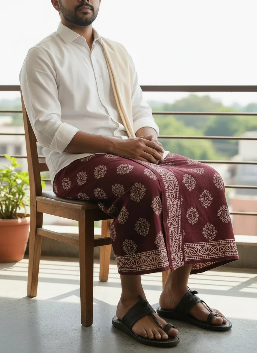 Kora Khaadi Dhoti Floral| Motif |Utsav| Lungi | Veshti | Pancha Wrap