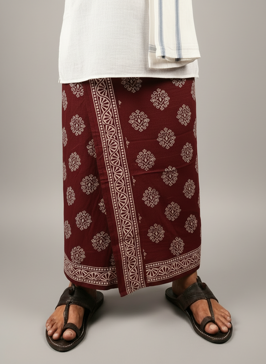 Kora Khaadi Dhoti - Lungi | Veshti | Pancha Wrap - Maroon
