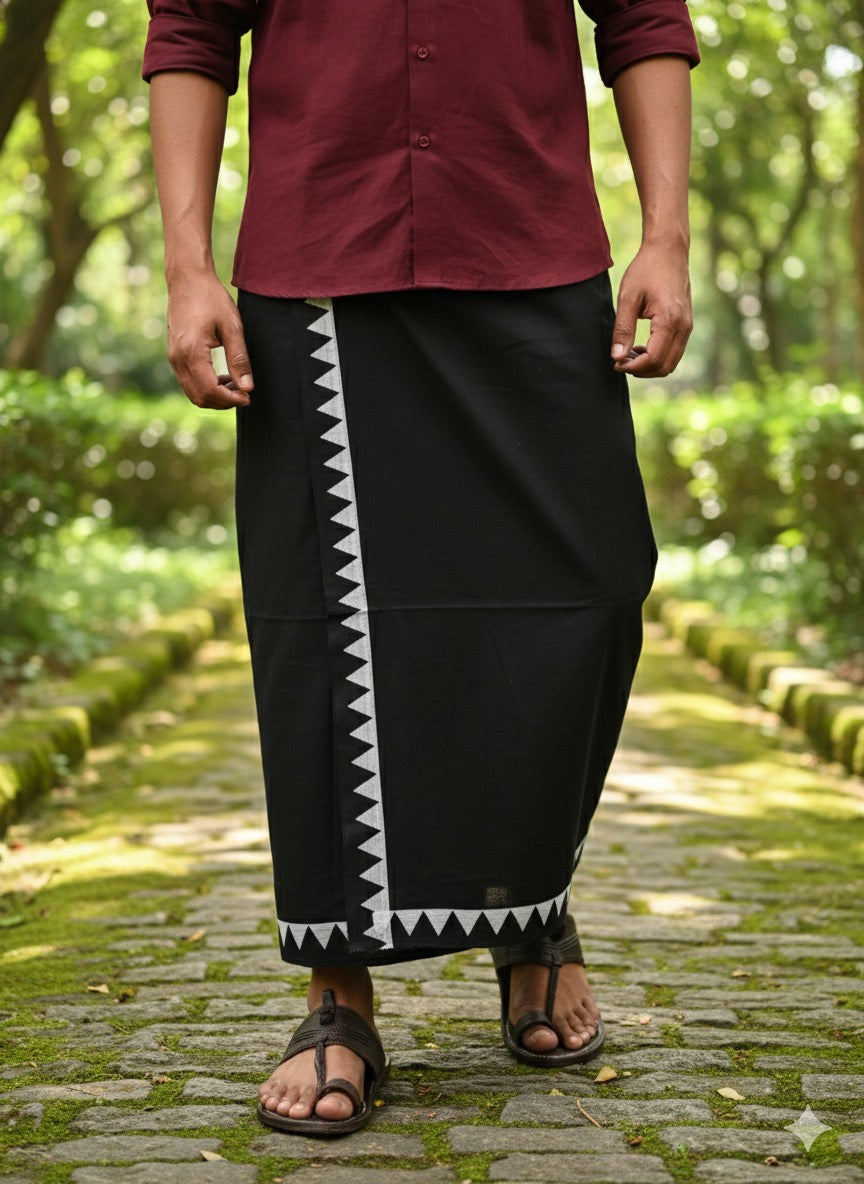 Eco-Friendly Khaadi | Block Printed Lungi for Men | 100% Handwoven Cotton | Traditional Hand Block Print | Breathable, Soft & Sustainable Wear | Ethnic Comfort Wrap - Black