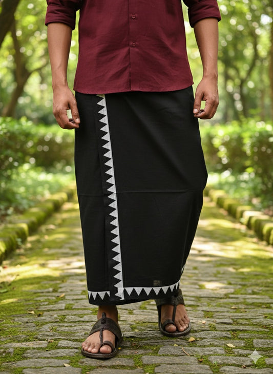 Eco-Friendly Khaadi | Block Printed Lungi for Men | 100% Handwoven Cotton | Traditional Hand Block Print | Breathable, Soft & Sustainable Wear | Ethnic Comfort Wrap - Black