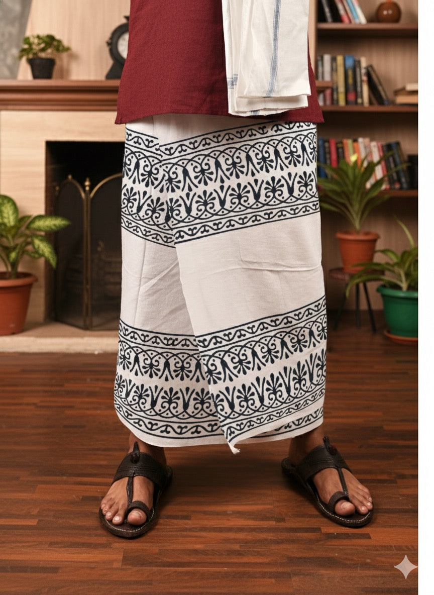 Eco-Friendly Khaadi | Block Printed Lungi for Men | 100% Handwoven Cotton | Traditional Hand Block Print | Breathable, Soft & Sustainable Wear | Ethnic Comfort Wrap